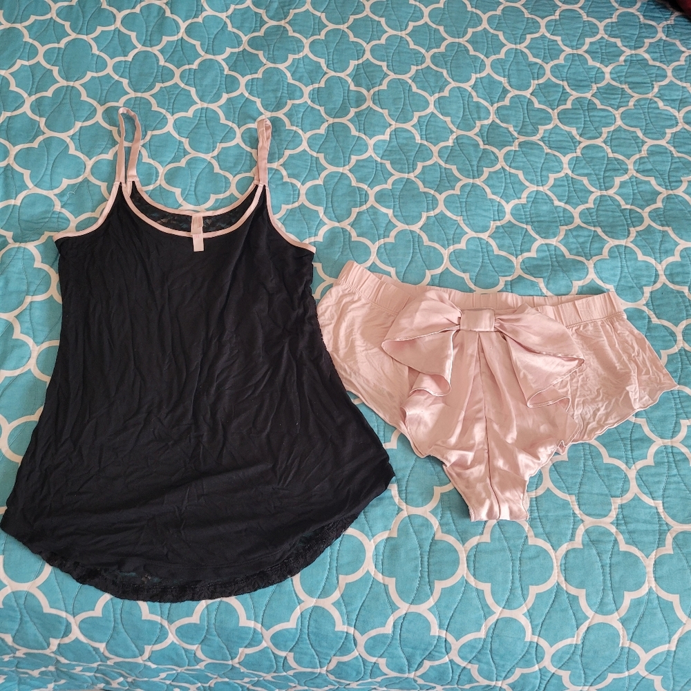 S-M Victoria's Secret Black Tank Top and Pink Satin Shorts Set